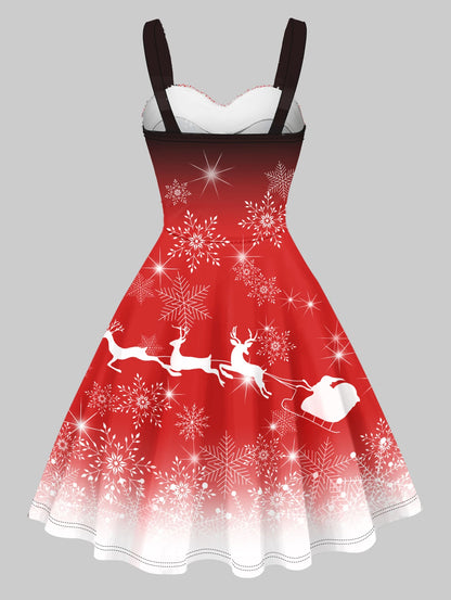 2024 Women's Christmas Dresses Faux Fur Panel Christmas Elk Snowflake Print Cami Dress Sleeveless Sweetheart Neck Mini Dress