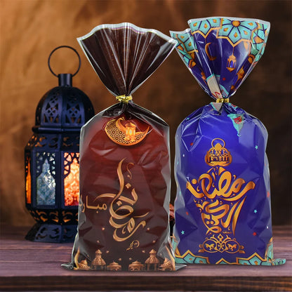 50pcs Eid Mubarak Candy Gift Bag Ramadan Kareem Decor 2024 Eid Gift Cookie Packaging Plastic Bag for Islamic Muslim Party Supply