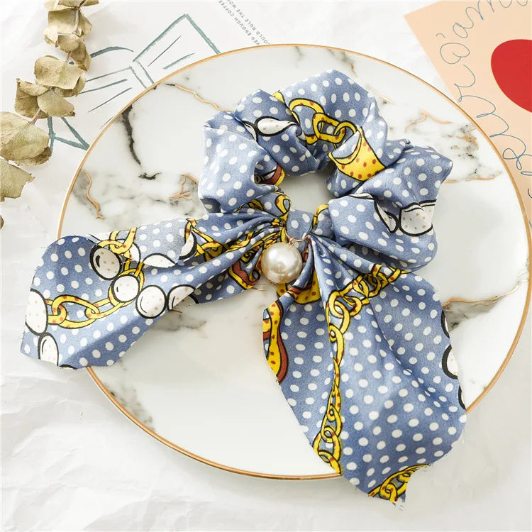 Chiffon Hair Scrunchies Women Fashion Pearl Ponytail Holder Hair Tie Hair Rope Rubber Bands Hair Accessories Bowknot Headwear