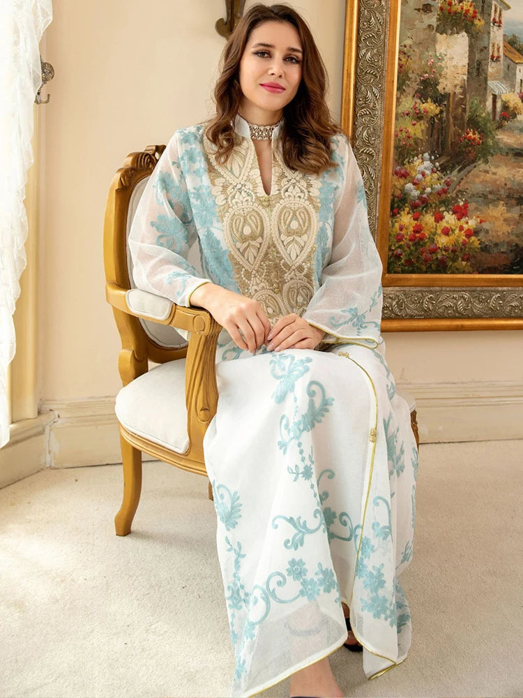 Islamic Embroidery White Jalabiya Imitation Linen Arabic Dress Women Arabian Moroccan Kaftan Party Wedding Abaya Ramadan Eid
