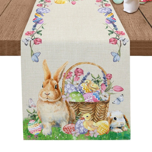 Linen Easter Table Runner Cute Bunny Dining Table Cloth 2024 Spring Holiday Happy Easter Decoration for Home Party Supplies Gift