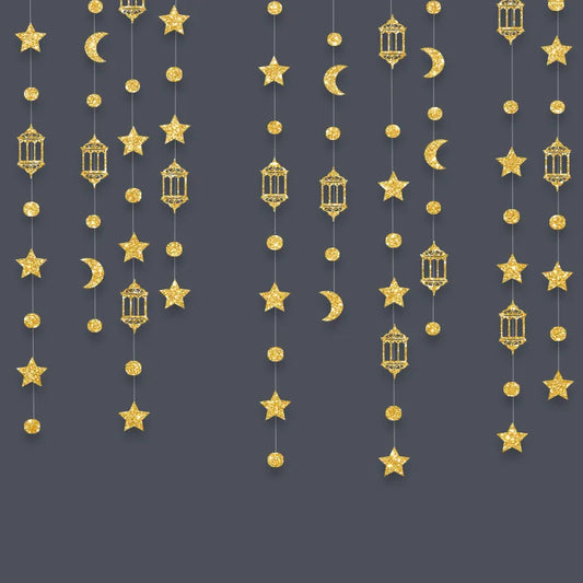Gold Star Moon Circle Dot Crescent Lamp Eid Paper Garland Gold Mubarak Ramadan Streamer Backdrop Muslim Party Banner Decorations