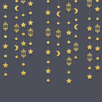 Gold Star Moon Circle Dot Crescent Lamp Eid Paper Garland Gold Mubarak Ramadan Streamer Backdrop Muslim Party Banner Decorations