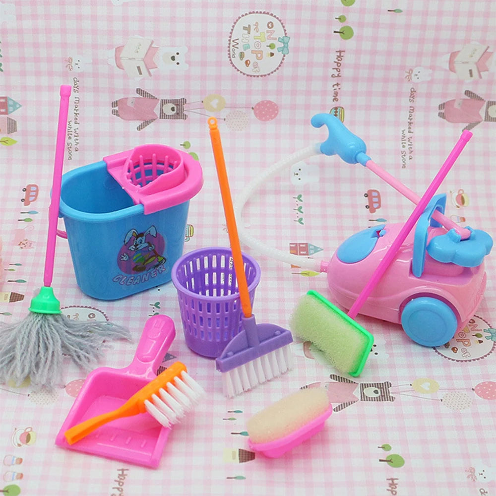 Barbies Doll House Furniture Bed Table Chair Plastics Cleaning Tools for 11.8inch Barbies Accessories Mini Furniture Model Gifts