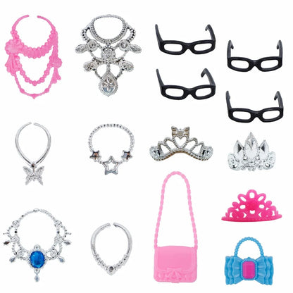 35 Item Doll Accessories=10x Doll Clothes Dress +4x Glasses +6x Plastic Necklace +2x Handbag +3x Crown +10 Shoes for Barbie Doll