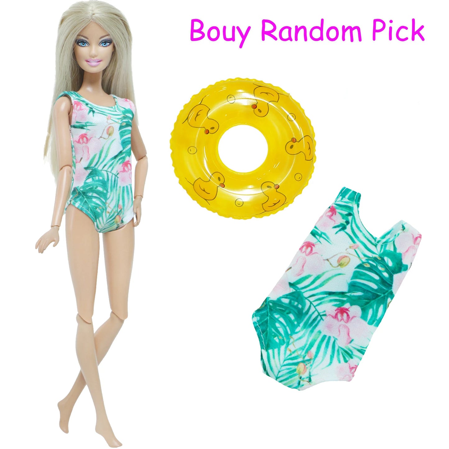 1x Doll Swimwear Beach Bathing Clothes Lovely Bikini Swimsuit + Random 1x Swimming Buoy Lifebelt Ring for Barbie Doll Baby Toys