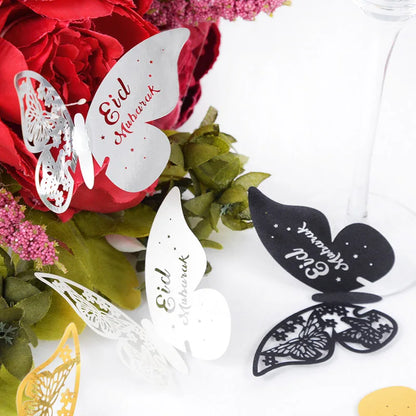 20pcs Eid Mubarak Hollow Butterfly Cup Card Wine Glass Paper Name Place Seat Card Wedding Party Ramadan Kareem Table Decorations