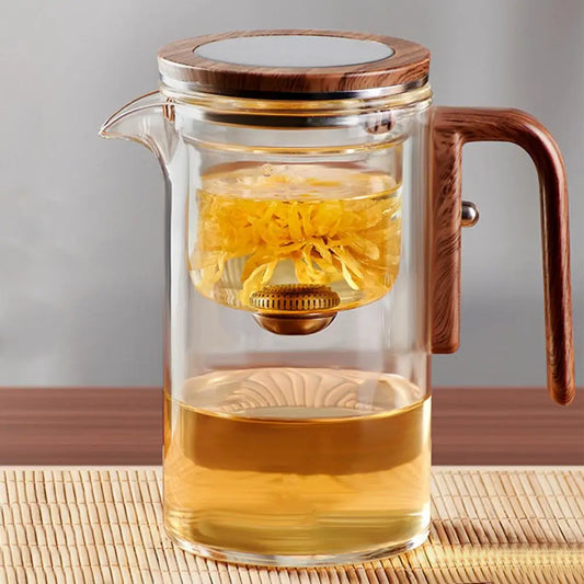 1 Set Teapot Water Separation Wooden Handle Glass Teapot With Infuser Anti-Scald Drip-Free Tea Infuser With Button Press
