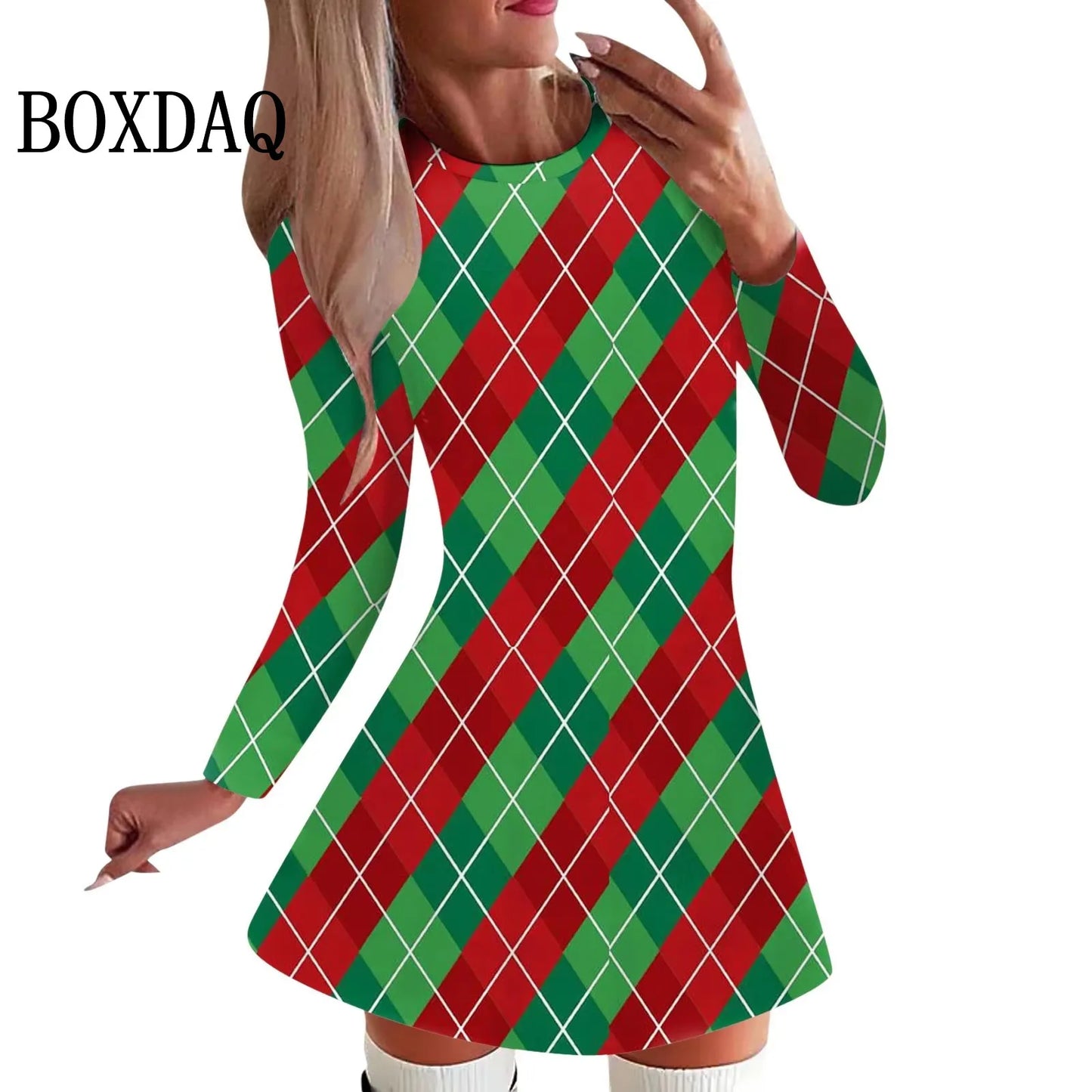Cartoon Elk Dress Women Cute Christmas Snowflake Print Dress Winter Long Sleeve A-Line Mini Dresses Fashion Xmas Party Clothes