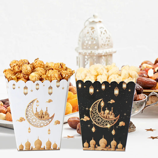 EID Popcorn Box Candy Bag Biscuit Gift Box Ramadan Decorations for Home 2024 EID Mubarak Islamic Muslim Party Decor Eid Al-Fitr