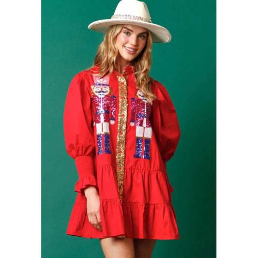 Sequin Christmas Women's Shirt Dress Outfit Holiday Nutcracker Tiered Dress Sweatshirt Dress Long Sleeve Tiered Mini Sundress