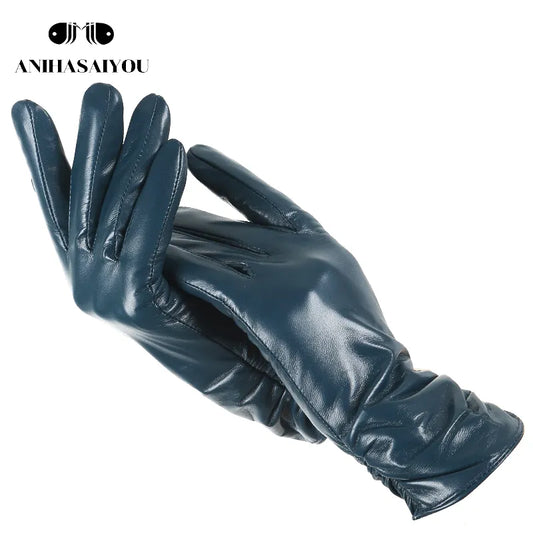 Classic Pleated Leather Gloves Women Color Real Leather Gloves Women Sheepskin Genuine Leather Winter Gloves Women-2081