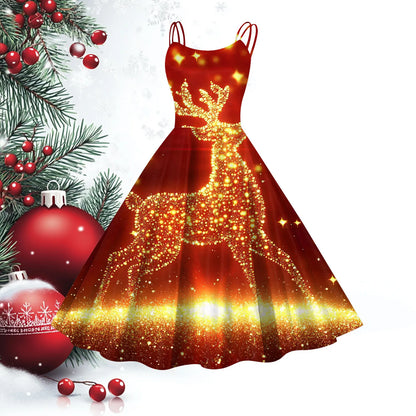 Women Christmas Print Vintage Dresses Slim Fit Sleeveless 1950s Evening Party Prom Dress Plus Size Evening Large Swing Dress