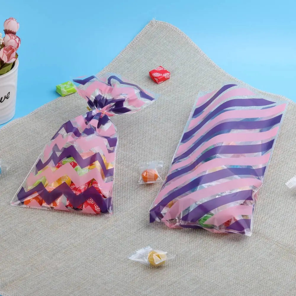 25pcs Colorful Plastic Candy Gift Bags Stripes Snack Bag Christmas Gift Bags for Biscuit and Cookie Birthday Party Favors Bag
