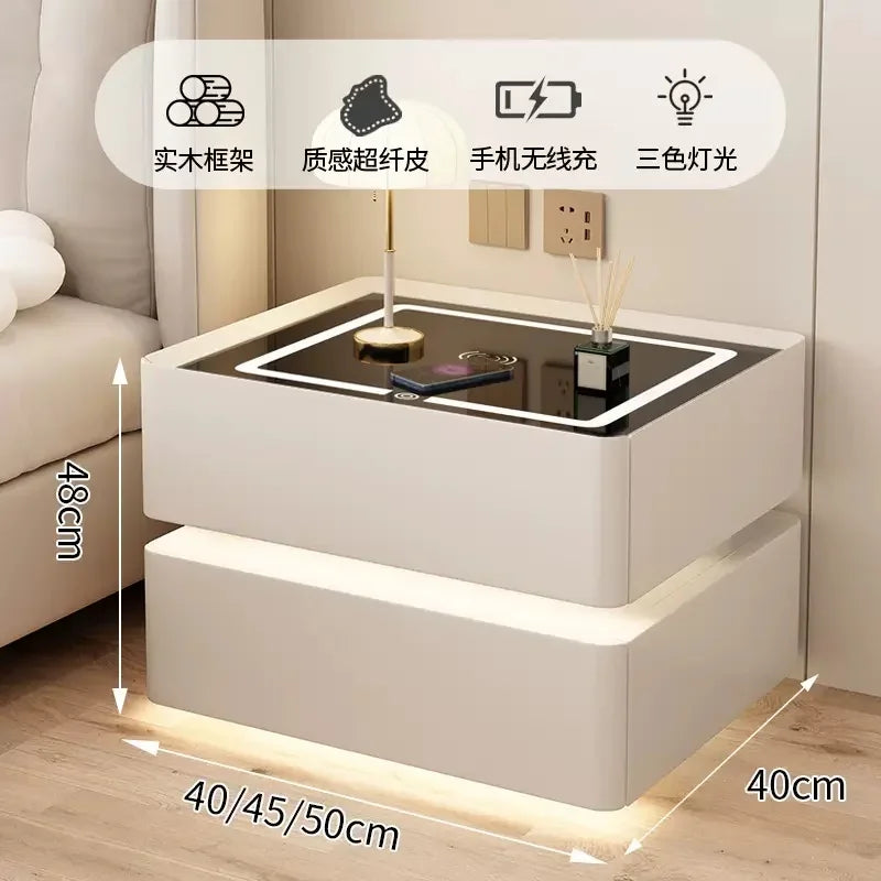 Modern Style Solid Wood Bedside Table With Wireless Charging Smart 2 Drawers Bedroom Nightstands With Lock