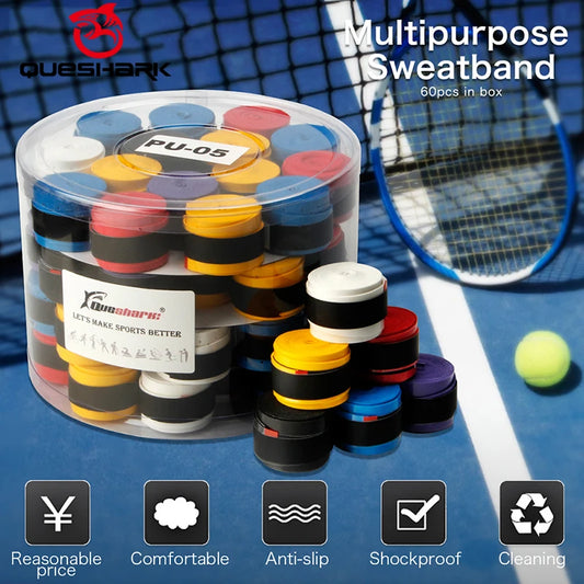 QUESHARK Pro 60 Pcs Tennis Racket Grips Coated Anti-Skid Sweat Absorbed Tapes Badminton Tennis Overgrips Fishing Rod Sweatbands