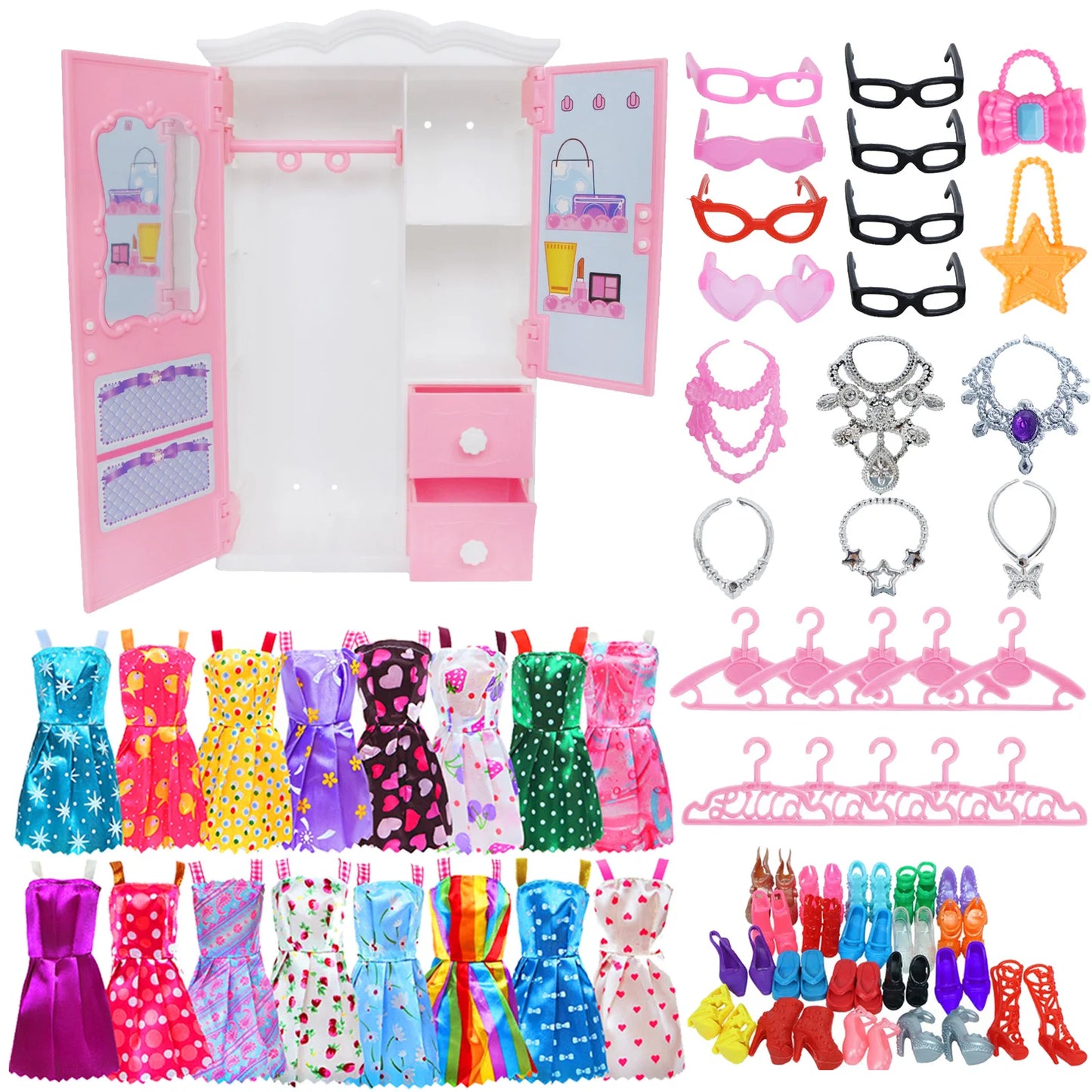 43 Pcs/Set Mix Style Doll Furniture Wardrobe Mini Dress Shoes Glasses Bag Hangers 40 Accessories for Barbie Doll Kids Gift Toys
