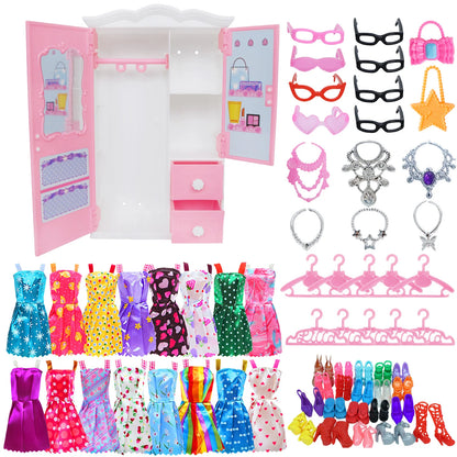 43 Pcs/Set Mix Style Doll Furniture Wardrobe Mini Dress Shoes Glasses Bag Hangers 40 Accessories for Barbie Doll Kids Gift Toys