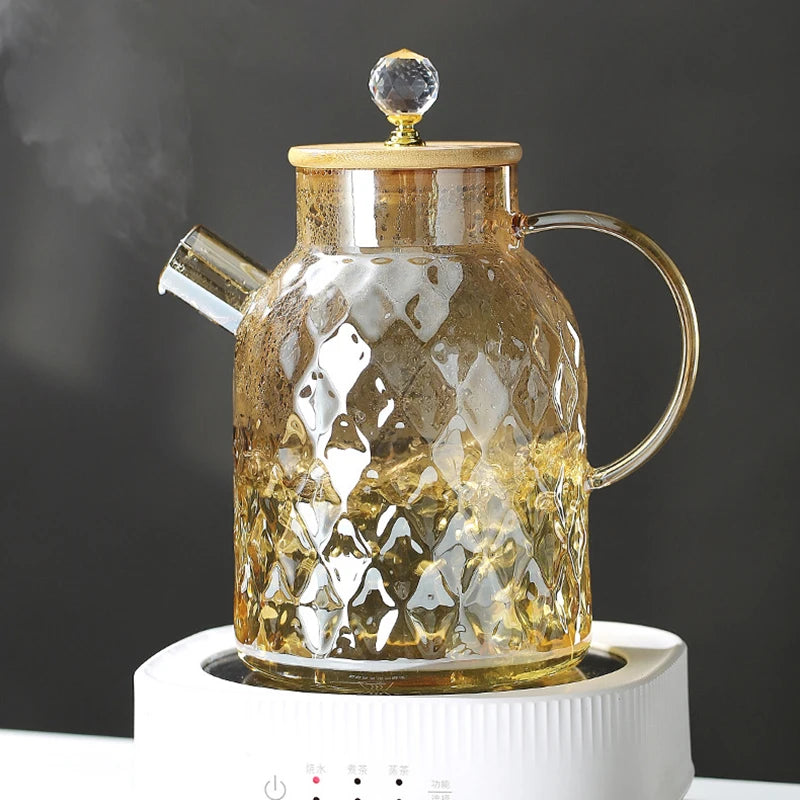 YWDL 1/1.5/1.8l Glass Teapot With Bamboo Lid Amber Color Diamond Cold Kettle Heat-Resisting Pot for Loose Leaf Fruit Scented Tea