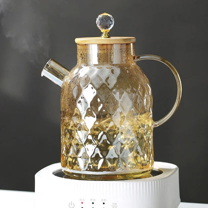 YWDL 1/1.5/1.8l Glass Teapot With Bamboo Lid Amber Color Diamond Cold Kettle Heat-Resisting Pot for Loose Leaf Fruit Scented Tea