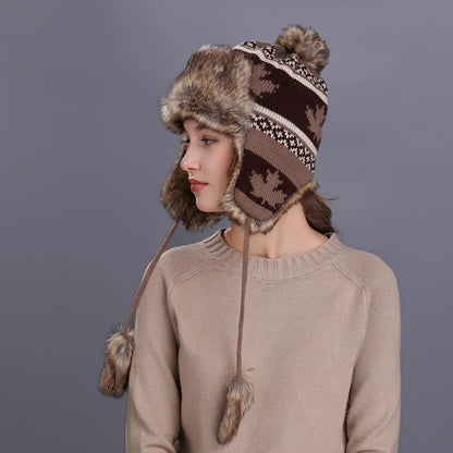 BUTTERMERE Red Russian Ushanka Hat Female Winter Warm Earflaps Fur Bomber Hats Caps Women Maple Leaf Christmas Beanies Pompom