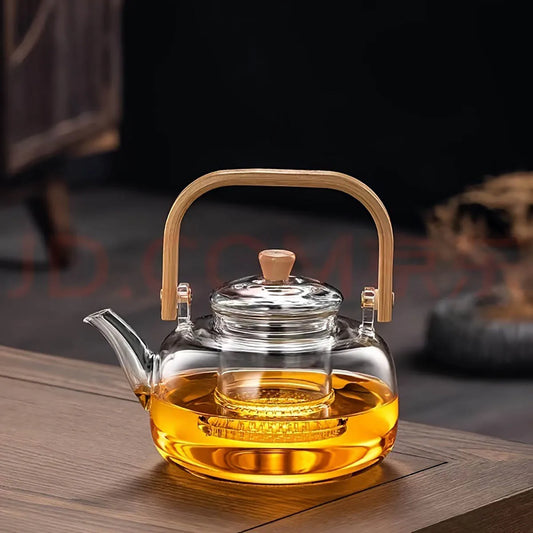 950ML Borosilicate Glass Teapot With Bamboo Handle Kettle Heat Resistant Clear Design With Built-In Strainer Teapot for Loves
