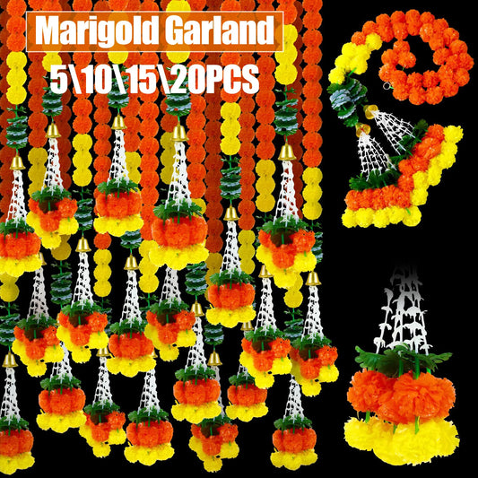 5-30pcs Marigold Flower Garland for Decoration 5 Ft Artificial Flower Garland Pooja, Diwali,Mexican Party ,Day of the Dead Decor