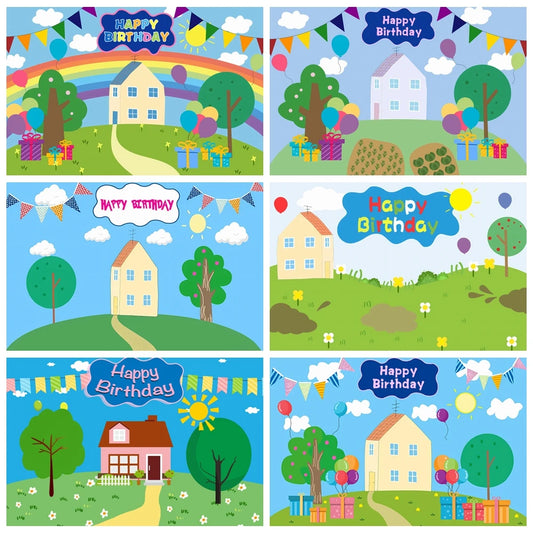 Spring Sky Cloud Tree Balloon Backdrop Children 1th Birthday Party Baby Shower Blue Banner Pig House Photography Background
