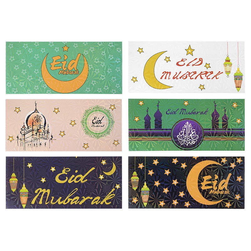 6Pcs Eid Mubarak Envelopes Eid Al-Fitr Gifts Card Cash Money Red Packet Ramadan Decoration for Home Muslim Islamic Party Decor