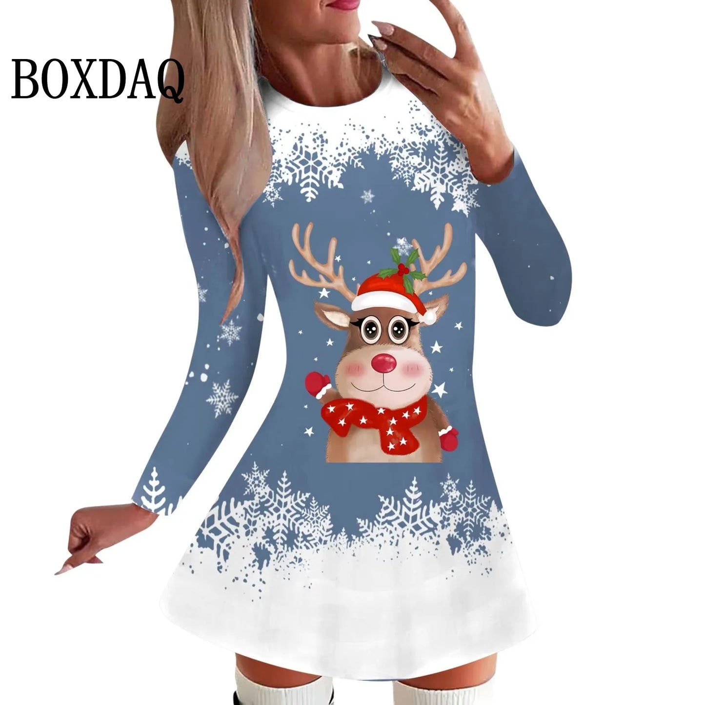 Cartoon Elk Dress Women Cute Christmas Snowflake Print Dress Winter Long Sleeve A-Line Mini Dresses Fashion Xmas Party Clothes
