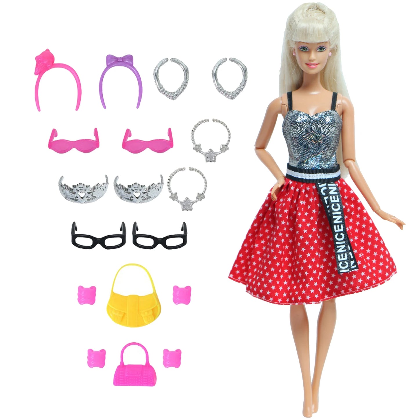 14 Pcs / Lot = 1x Fairy Tale Doll Dress + 13x Random Accessories Shoes Handbag Glasses Clothes for Barbie Doll Girl Baby Toys