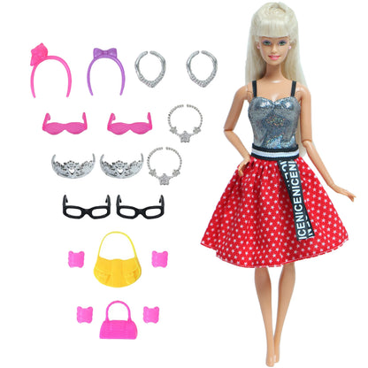 14 Pcs / Lot = 1x Fairy Tale Doll Dress + 13x Random Accessories Shoes Handbag Glasses Clothes for Barbie Doll Girl Baby Toys