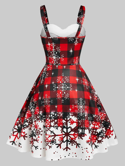 2024 New Womens Christmas Party Dress Plaid Snowflake Print Sleeveless Dress Sweetheart Neck Xmas Dresses Vestidos