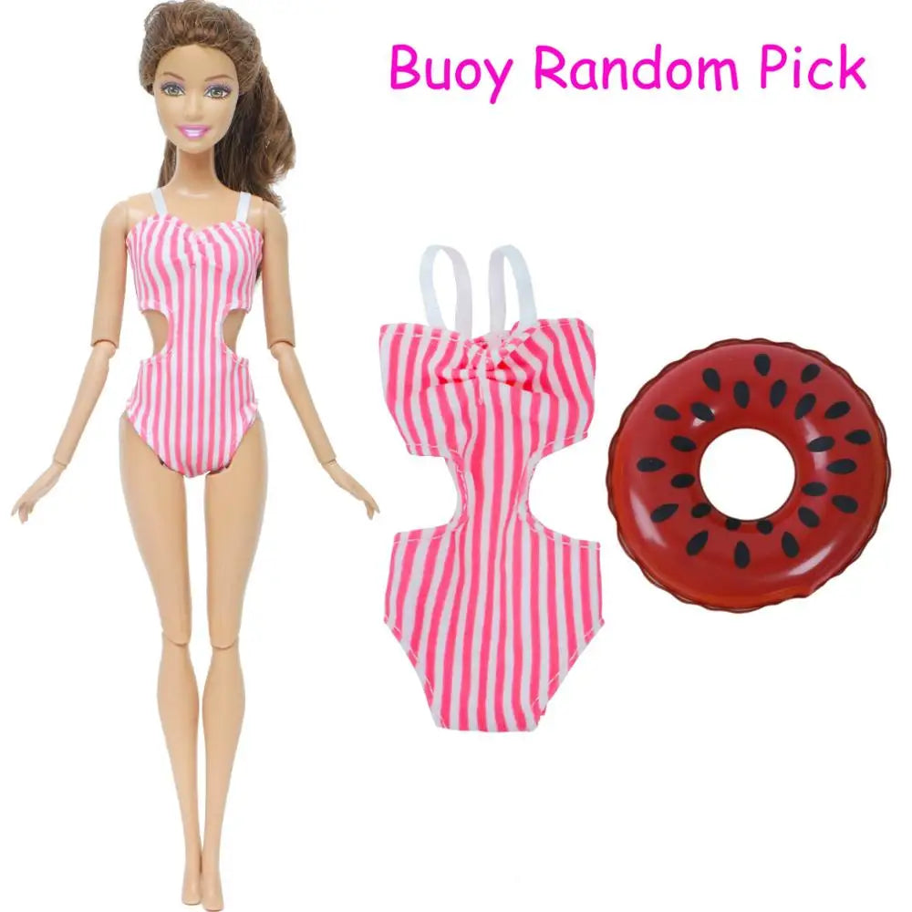 1x Doll Swimwear Beach Bathing Clothes Lovely Bikini Swimsuit + Random 1x Swimming Buoy Lifebelt Ring for Barbie Doll Baby Toys