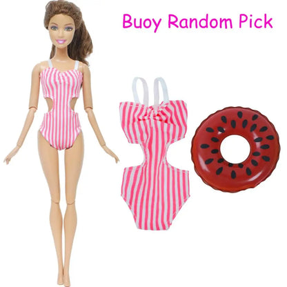 1x Doll Swimwear Beach Bathing Clothes Lovely Bikini Swimsuit + Random 1x Swimming Buoy Lifebelt Ring for Barbie Doll Baby Toys