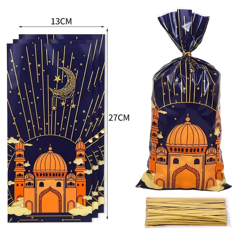 25/50pcs 2024 Eid Mubarak Gift Bags Plastic Candy Cookie Bag Ramadan Kareem Decor Islamic Muslim Party Supplies Eid Gifts Bags