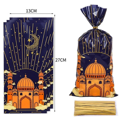 25/50pcs 2024 Eid Mubarak Gift Bags Plastic Candy Cookie Bag Ramadan Kareem Decor Islamic Muslim Party Supplies Eid Gifts Bags