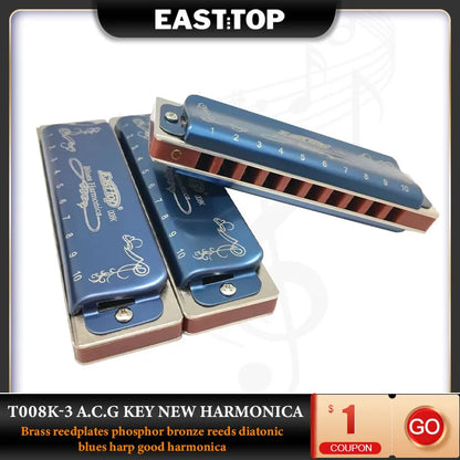 EASTTOP T008k-3 New Harmonica Brass Reedplates Phosphor Bronze Reeds Diatonic Blues Harp Good Harmonica