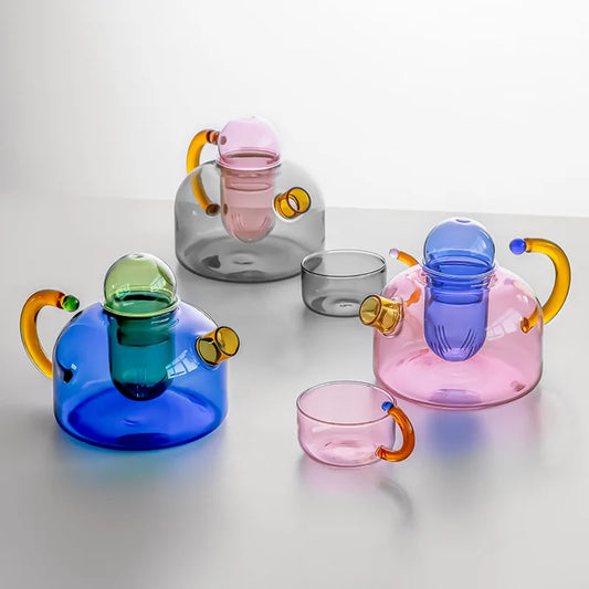 Creative Contrasting Color High Temperature Resistant Glass Tea Water Separation Filter Small Teapot Cups Set Household Teapot
