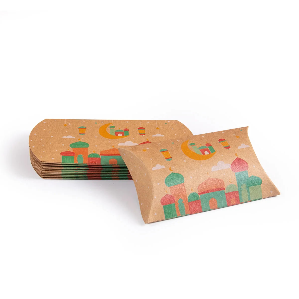 12pcs Eid Mubarak Gift Kraft Bag Box Pillow Shape Candy Box Ramadan Kareem Decoration Gift Packaging Muslim Islamic Party Favor