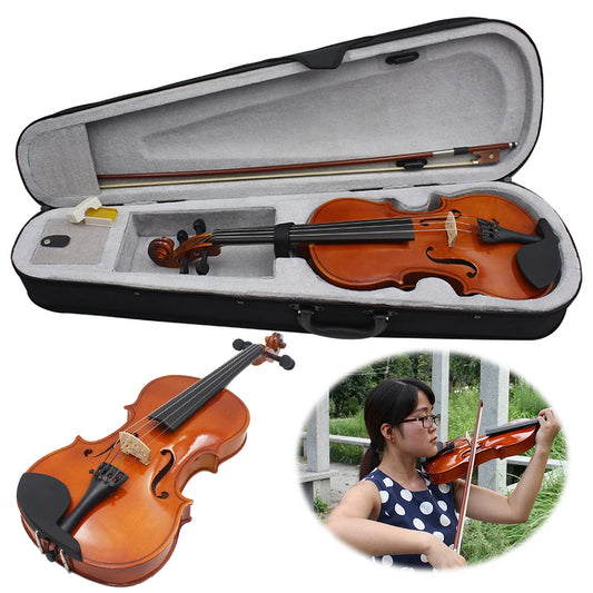 Violin Fiddle Set With Case Bow Extra Strings Rosin Tuner 4/4 Full Size Solid Wood Violin Set for Beginners Kids & Adults
