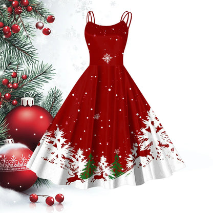 Women Christmas Print Vintage Dresses Slim Fit Sleeveless 1950s Evening Party Prom Dress Plus Size Evening Large Swing Dress