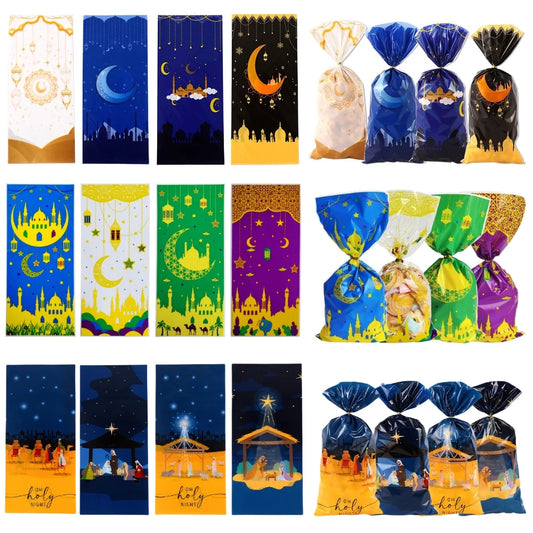 50pcs Eid Mubarak Gift Bags Plastic Candy Cookie Bag Ramadan Kareem Decoration 2024 Islamic Muslim Party Supplies Gift Packing
