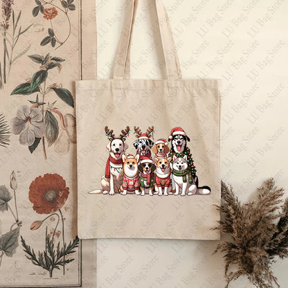 Christmas Dogs Pattern Tote Bag Canvas Shoulder Bag Women's Reusable Shopping Bags Best Gift for Xmas Dog Lover Christmas Gift