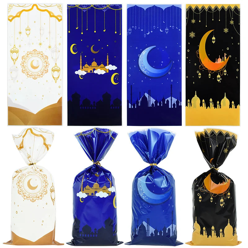 50pcs Eid Mubarak Candy Gift Bag Ramadan Kareem Decor 2024 Eid Gift Cookie Packaging Plastic Bag for Islamic Muslim Party Supply