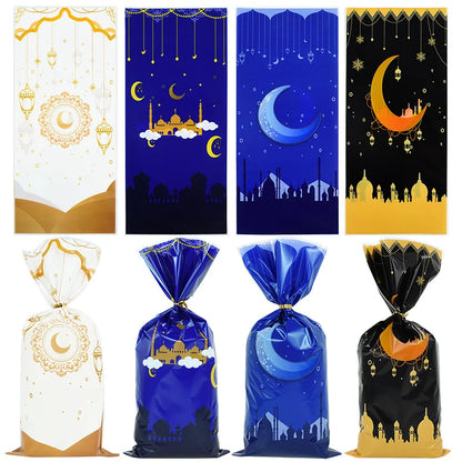 50pcs Eid Mubarak Candy Gift Bag Ramadan Kareem Decor 2024 Eid Gift Cookie Packaging Plastic Bag for Islamic Muslim Party Supply
