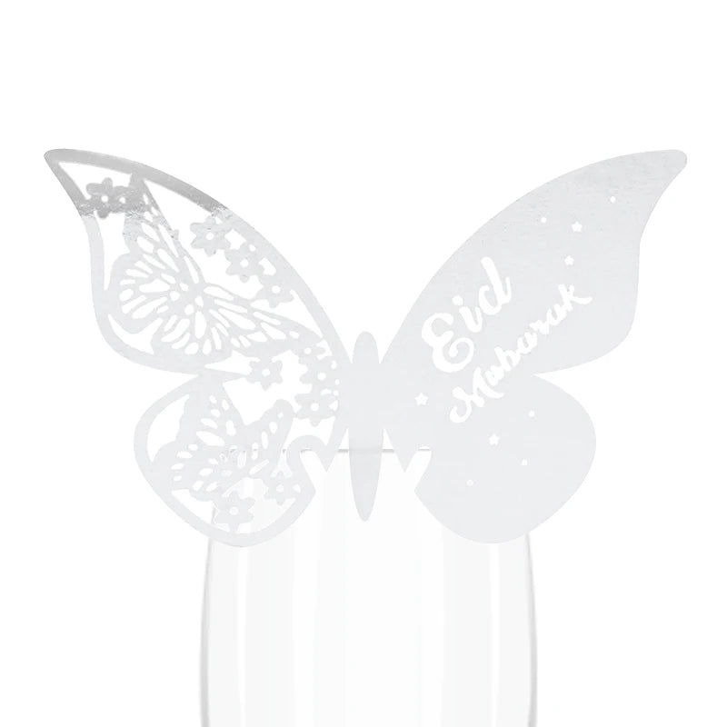 20pcs Eid Mubarak Hollow Butterfly Cup Card Wine Glass Paper Name Place Seat Card Wedding Party Ramadan Kareem Table Decorations