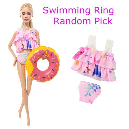 1x Doll Swimwear Beach Bathing Clothes Lovely Bikini Swimsuit + Random 1x Swimming Buoy Lifebelt Ring for Barbie Doll Baby Toys