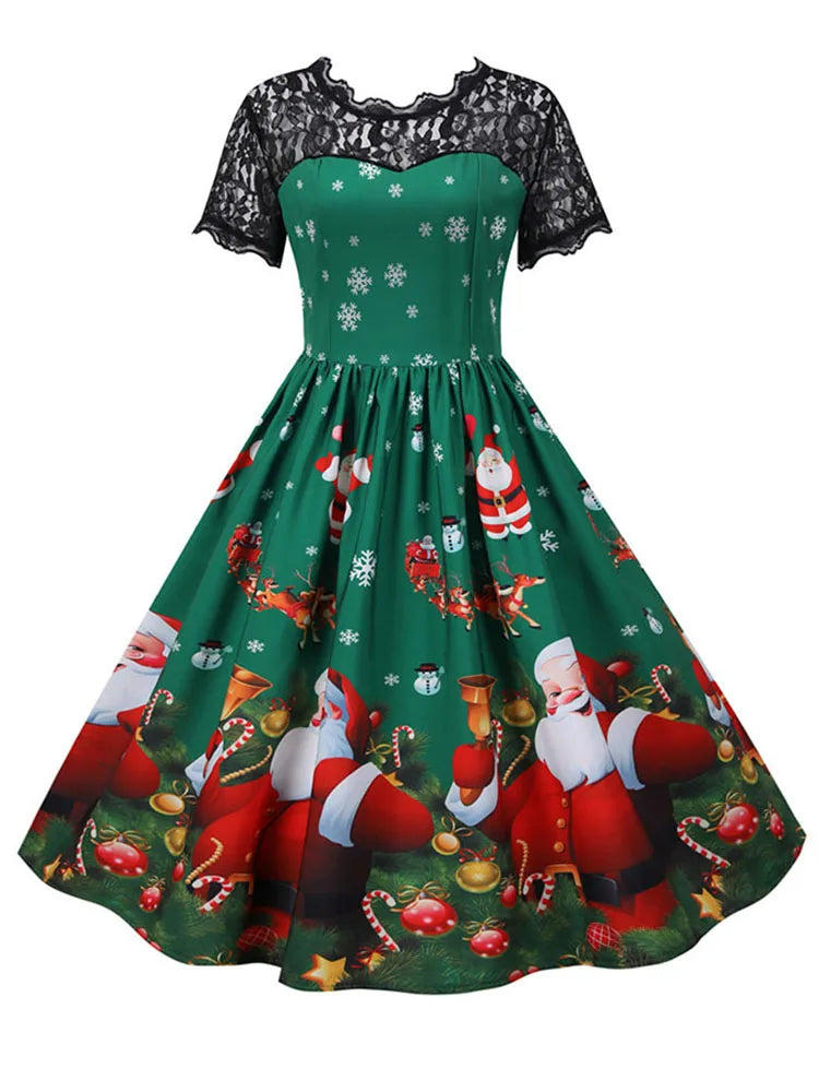 Lace Christmas Dress Women New Short Sleeve Print High Waist Elegant Vintage Winter Xmas Party Sundress 3XL Robe