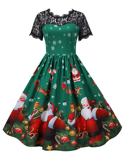 Lace Christmas Dress Women New Short Sleeve Print High Waist Elegant Vintage Winter Xmas Party Sundress 3XL Robe